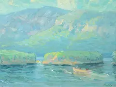 A. H. O. Rolle, Motorboat Approaching Isles in Large River with Mountains in Distance, D.C. (1919-1932, except 1925) and the Washington Watercolor Club (1930-1937)
