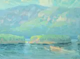 A. H. O. Rolle, Motorboat Approaching Isles in Large River with Mountains in Distance, D.C. (1919-1932, except 1925) and the Washington Watercolor Club (1930-1937)