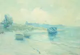 Beached Boats by A. H. O. Rolle, CM Ex. # 66 NOTE: This painting is another example of Rolle's very inventive pastel color palette, using various subtle , offered Feb 2013