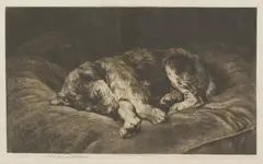 Untitled by Herbert Dicksee, a puppy sleeping original etching on vellum, sold Jun 2023