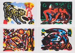 A. R. Penck, Berlin Suite, 1990, Mappe mit 9 Farbaquatintaradierungen auf Büttenkarton
