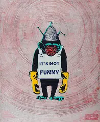 Not Banksy and Not By Banksy, It's Not Funny (COVID-19 / 5G / CONSPIRACY CHIMP), 2020, Mischtechnik (Sprühfarbe, Stencil, Farbe und Gummistempel) auf industrieller Sperrholzplatte