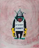 It's Not Funny (COVID-19 / 5G / CONSPIRACY CHIMP) by Not Banksy and Not By Banksy, 2020, Mischtechnik (Sprühfarbe, Stencil, Farbe und Gummistempel) auf industrieller Sperrholzplatte, sold Feb 2021