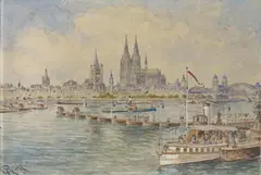 Carl Rüdell, Blick auf die Altstadt von Köln von der Deutzer Seite, Aquarell auf Papier
