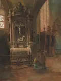 Carl Rüdell, Innenansicht der Agneskirche in Köln mit betender Frau