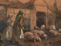 Carl Rüdell, Bäuerinnen bei den Schweinen, Kohle und Aquarell, weiß gehöht auf braunem Papier