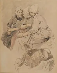 Friedrich Kallmorgen, Drei holländische Marktfrauen im Gespräch, Tuschfeder und Aquarell auf Papier