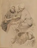 Drei holländische Marktfrauen im Gespräch by Friedrich Kallmorgen, Tuschfeder und Aquarell auf Papier, sold Nov 2021