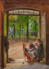 Friedrich Kallmorgen, Mädchengruppe im Durchgang zum Gartencafe, Öl auf Leinwand