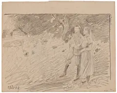 Friedrich Kallmorgen, Helene und Walther Kallmorgen im Garten, 1899, Bleistiftzeichnung auf Papier