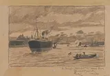 Friedrich Kallmorgen, "Der Dampfer Rheinfels", Bleistift und Kreide auf Papier