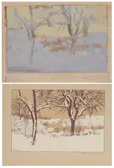 Friedrich Kallmorgen, "Winter in Grötzingen", Um 1901, Bleistiftzeichnung mit Gouache und Farbkreide auf Papier