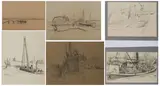 Friedrich Kallmorgen, Konvolut von 5 Zeichnungen: "Teufelsbrücke"; "Segelboot Anleger"; "Bei Neufahrwasser"; Konvolut von zwei Skizzenblättern: "Segelboote"; "Neuhaus an der Oste"