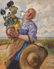 Hans von Bartels, Junge Holländerin mit einem Tulpenstrauß in den Dünen, Mischtechnik auf Papier