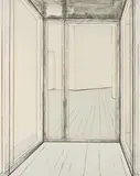 Christo, Corridor Store Front, Project, 1972, 2-teilige Serigrafie und Offsetlithografie, aufklappbar, das vordere Blatt ausgestanzt und auf Plexiglas aufgezogen, das hintere Blatt auf Holztafel