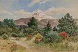 August Lohr, Der mit Schnee bedeckte Vulkan Popocatépetl in Mexiko, Aquarell auf Papier