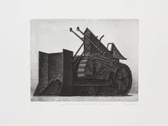 Konrad Klapheck, Glanz und Elend der Reformen (Planierraupe), 1976/77, Radierung auf BFK RIVES (Wasserzeichen)