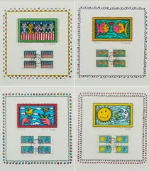 James Rizzi, Rizzi Stamps (4-teiliges Briefmarkenset), 2008, Jeweils: 3D-Farblithografie und Briefmarken auf Velin