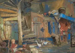Carl Rüdell, Interieur eines Bauernhauses mit Gänsen und Kindern, Aquarell, Gouache und Bleistift auf Papier