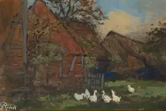 Carl Rüdell, Gänse vor einem Bauernhaus, Aquarell auf Papier