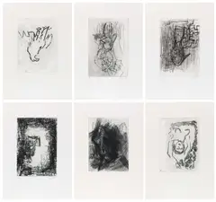 Georg Baselitz, Adler, Bäume, Frau in Fenster ..., 1980, Neun farbige Kaltnadel- und Aquatintaradierungen auf Hahnemühle (Wasserzeichen)