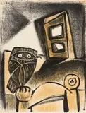 Hibou a la chaise (fond ocre) by Pablo Picasso, 1947, Lithografie über ockerfarbenem Fond auf Velin, sold Jun 2021