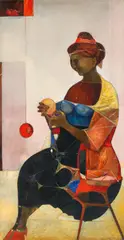 Karl Plattner, Sitzende Frau mit Kugel in der Hand, 1957-1959, Öl auf Leinwand