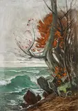 Karl Hagemeister, Strandbild mit Buche und rotem Laub im Herbst