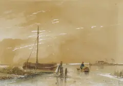 Andreas Schelfhout, Winterszene an der holländischen Küste, Aquarell und Gouache auf Papier