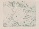 Ernst Ludwig Kirchner, Zwei nackte Mädchen am Waldesrand, 1921, Farbige Kaltnadelradierung (grün) auf Kupferdruckkarton
