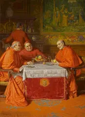 Eduard von Grützner, Trio in Rot, Öl auf Leinwand