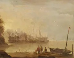 Englische Schule, Hafenstadt mit Werft, Öl auf Holz