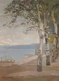 Christian Landenberger, Birken am Seeufer (Ammersee?), Öl auf Leinwand