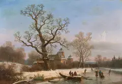 Cäsar Bimmermann, Schloss mit Schlittschuhläufern am Fluss, Öl auf Leinwand