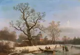 Cäsar Bimmermann, Schloss mit Schlittschuhläufern am Fluss, Öl auf Leinwand