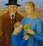 Rudolf Schiestl, Selbstportrait des Künstlers mit seiner Familie, Öl auf Holz