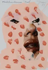"Kindchenschemama "Kunst"" by Jonathan Meese, 2009, Acryl über Fotografie von Scarlett Johansson auf Fotodruckkarton, sold Mar 2021