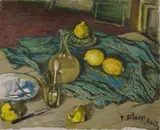 Pyotr Nilus, "Citrons, carafe et tissu bleu", Öl auf Leinwand