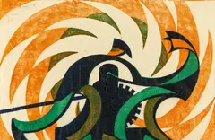 The Winch by Sybil Andrews, 1930, Farblinolschnitt auf chamoisfarbenem Japan, sold Jun 2021