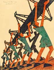 Sybil Andrews, Bringing in the Boat, 1933, Farblinolschnitt auf chamoisfarbenem Japan