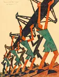 Sybil Andrews, Bringing in the Boat, 1933, Farblinolschnitt auf chamoisfarbenem Japan