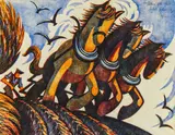 Sybil Andrews, Tillers of the Soil, 1934, Farblinolschnitt auf chamoisfarbenem Japan