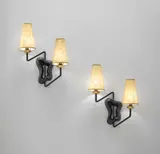 Georges Jouve, Pair of two-armed wall lights, 1950s, Glazed earthenware, painted metal, brass, paper shades