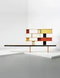 ‘Tunisie’ bookcase, designed for the student rooms of La Maison de la Tunisie, Cité Internationale Universitaire de Paris by Charlotte Perriand, 1952, Pine, painted bent aluminium, painted diamond-point aluminium, painted bent steel, mahogany, offered Apr 2014