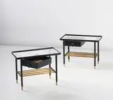 Jacques Adnet, Pair of side tables with drawers, 1950s, Leather-bound oak, leather-bound tubular metal, tubular brass, glass, brass