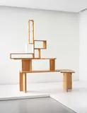 Martino Gamper, Unique desk and modular shelving unit, 2008, Walnut, cherry, cedar, elm, MDF, laminated wood
