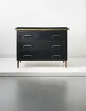 Jacques Adnet, Chest of drawers, 1940s, Leather-bound oak, Formica , tubular brass, painted metal, brass