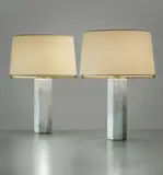 Jules Wabbes, Pair of table lamps, circa 1970, Carrare marble, brass, fabric shades
