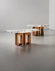 Pierluigi Spadolini, Pair of large consoles, circa 1965, Fior di pesco marble, walnut