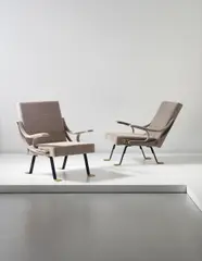 Pair of 'Digamma' adjustable armchairs by Ignazio Gardella, circa 1957, Fabric, painted bent steel, brass, sold Apr 2014
